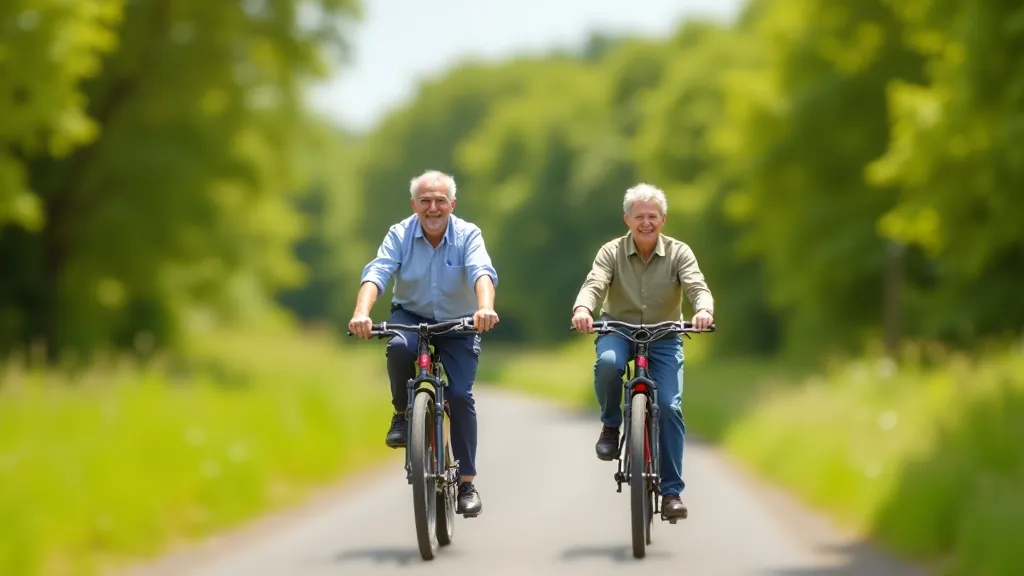 Group of older adults cycling on a scenic greenway in Ireland with rolling hills in background