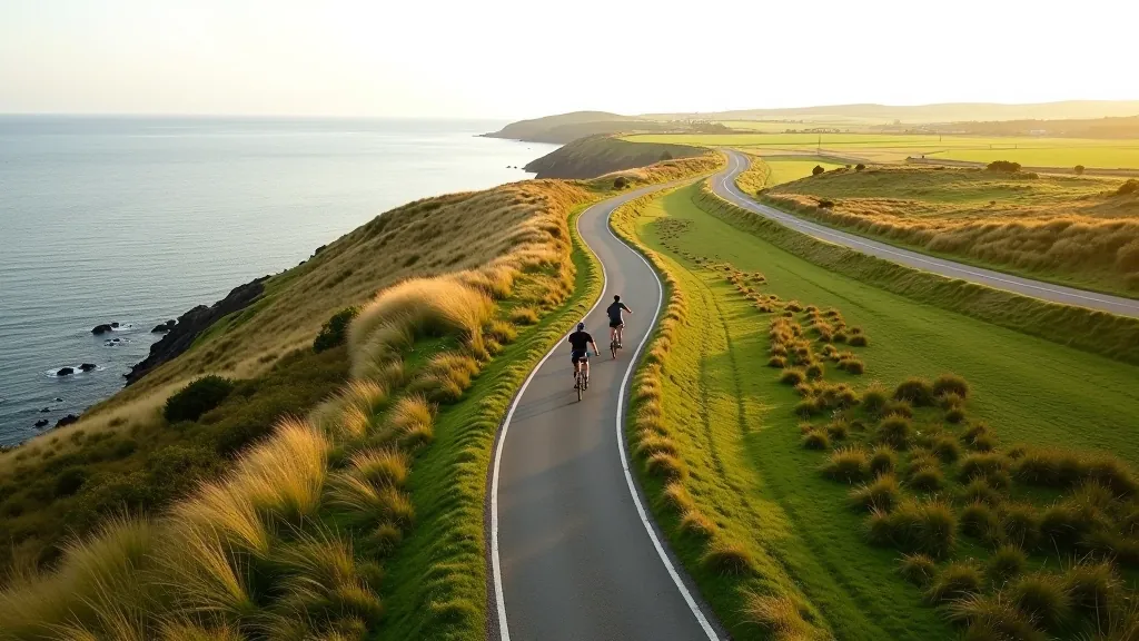 Wide aerial view of greenway snaking through coastal countryside with sea visible