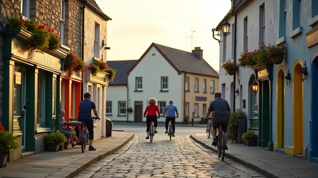Historic stone village buildings with pub storefront, traditional Irish architecture, quaint town square