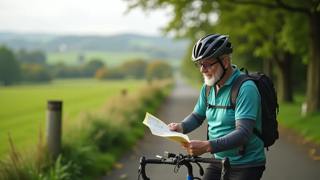 Cyclist looking at map at rest stop during scenic greenway tour with countryside landscape and direction signs visible