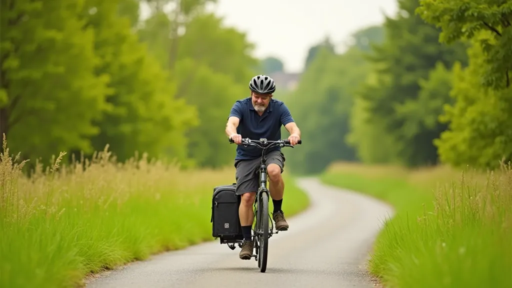 E-bike cyclist riding on scenic greenway trail in Ireland with comfortable touring setup