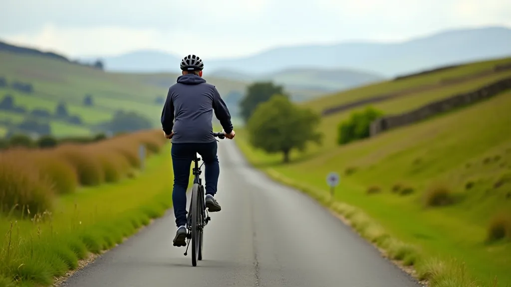 E-bike cyclist touring on scenic Irish greenway with rolling hills and countryside landscape