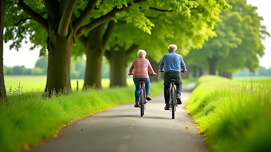 Family cycling on tree-shaded path with lush green fields alongside