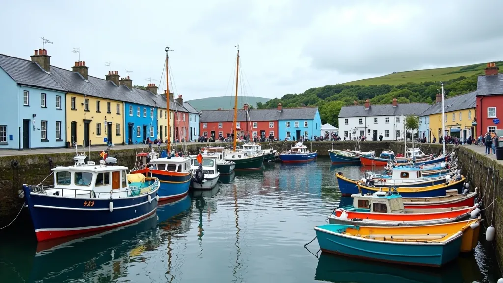 Harbor scene with fishing boats and waterfront buildings in small coastal village