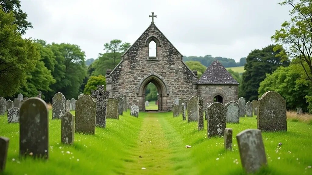 Ancient stone church ruins surrounded by overgrown cemetery with weathered gravestones in lush green field