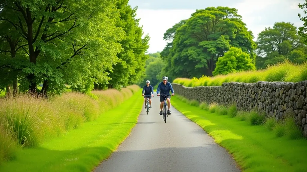 Limerick Greenway cycling path winding through lush green countryside with historic stone walls and native trees