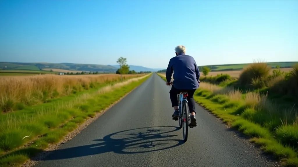 Wide, flat cycling trail stretching into the distance with open countryside on both sides and gentle blue sky