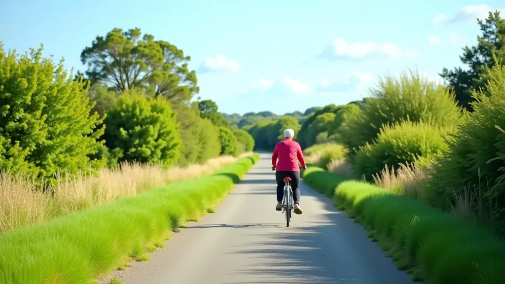 Scenic cycling path along Old Rail Trail in Athlone, Ireland, with green vegetation on both sides and clear blue sky