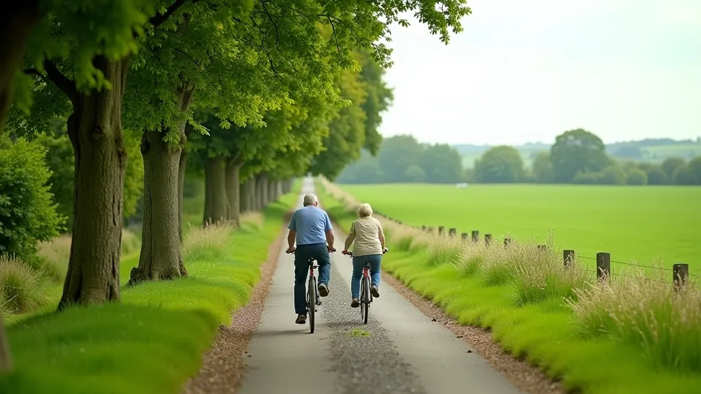 Scenic rail trail path through rural countryside with trees and green fields