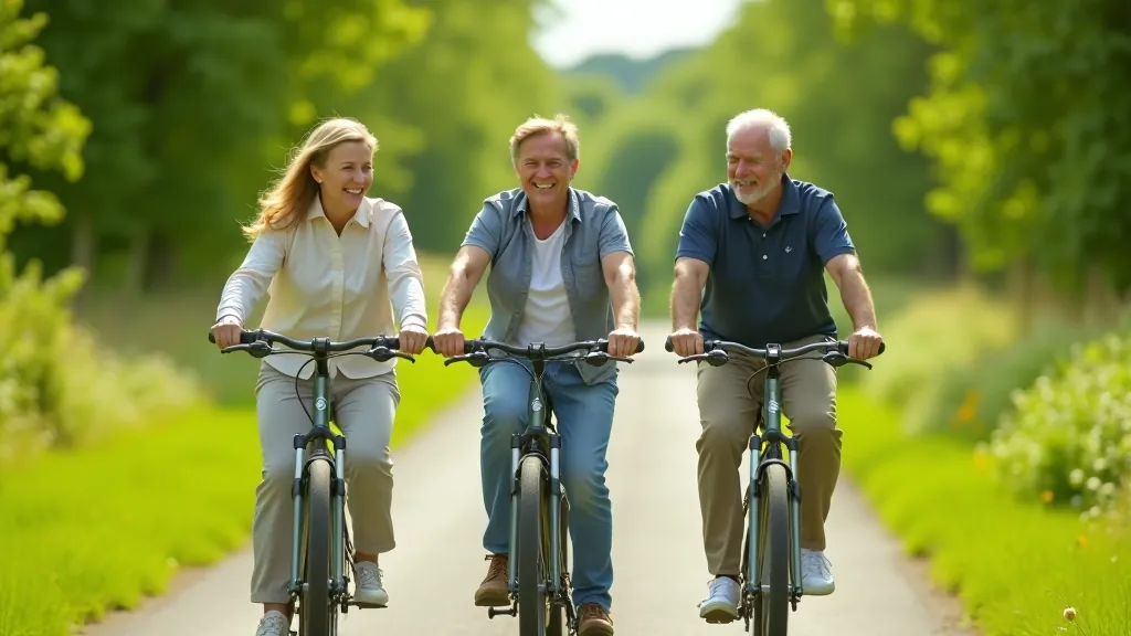 Family of three cyclists riding together on peaceful green path, generations cycling side by side