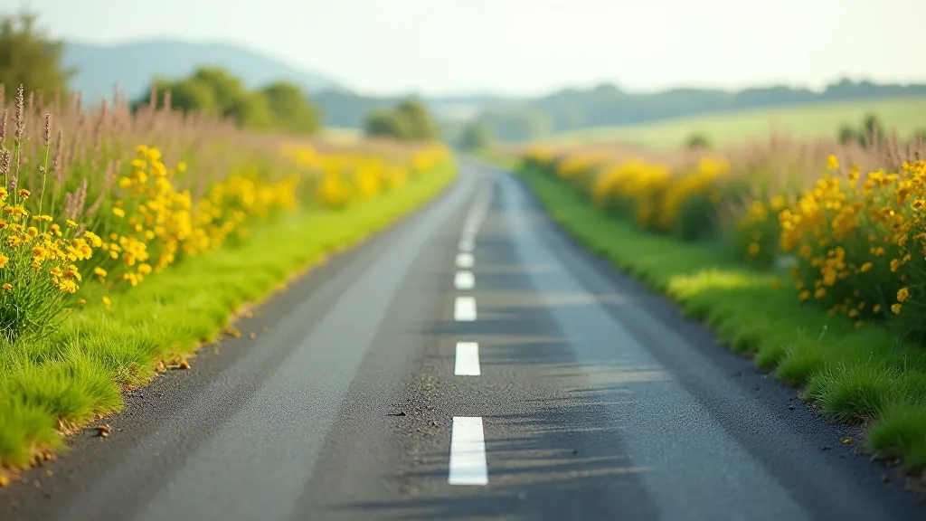 Close-up of well-maintained cycling path with clear lane markings, wildflowers on the sides, and flat terrain
