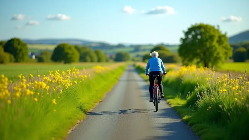 Wide cycling path through green fields with wildflowers, clear sky, peaceful countryside setting